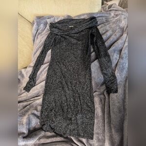 NWOT Express Silver Gray Asymmetrical Ruched Sweater Dress